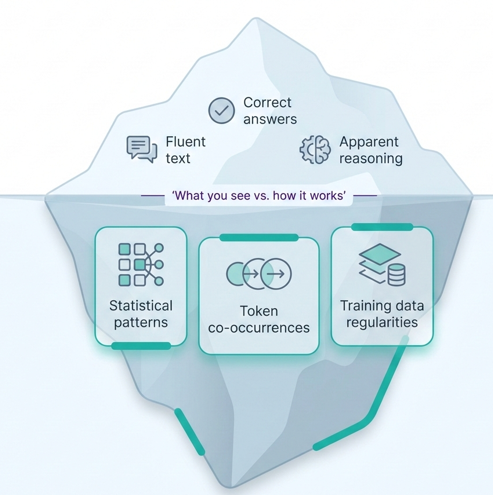 Fluent text, correct answers and apparent reasoning sit above the waterline; statistical patterns, token co-occurrences and training-data regularities sit below it.