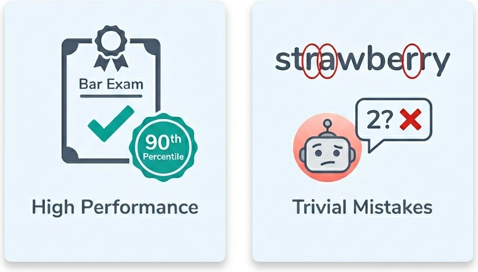A bar exam result marked at the ninetieth percentile sits beside a chat reply that counts the letter r in strawberry as two.
