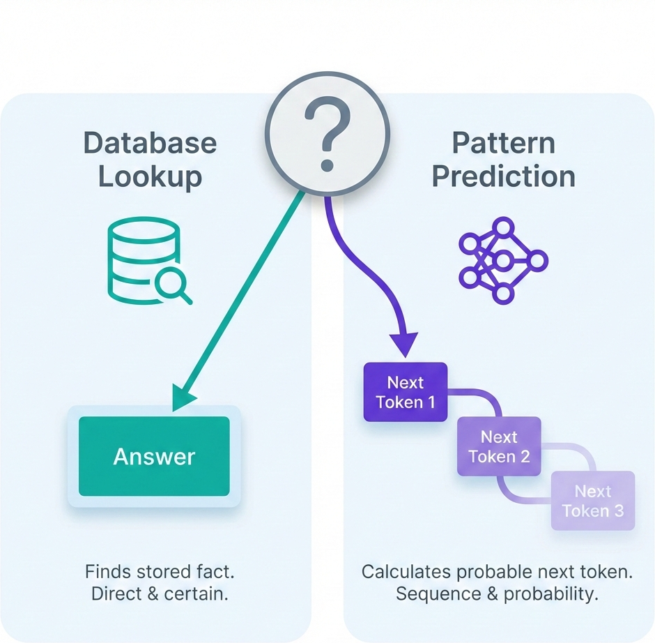 Two ways a question could be answered, one by finding a stored fact and one by calculating a probable next piece.