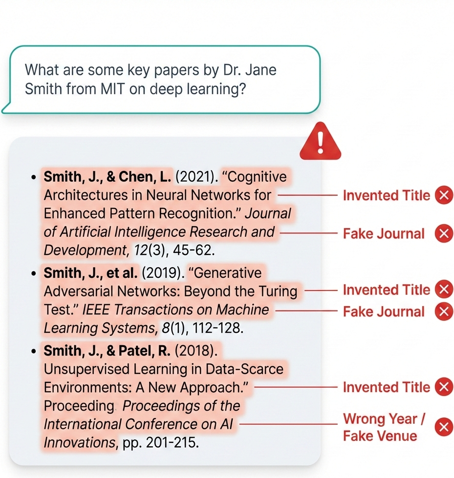 An example reply lists three academic references, and each invented title, journal and venue is flagged on the picture.