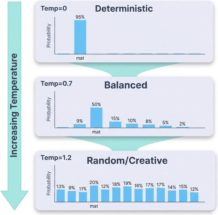 The same candidate scores are shown at three temperature settings, sharpening to one tall bar at the lowest and spreading almost flat at the highest.