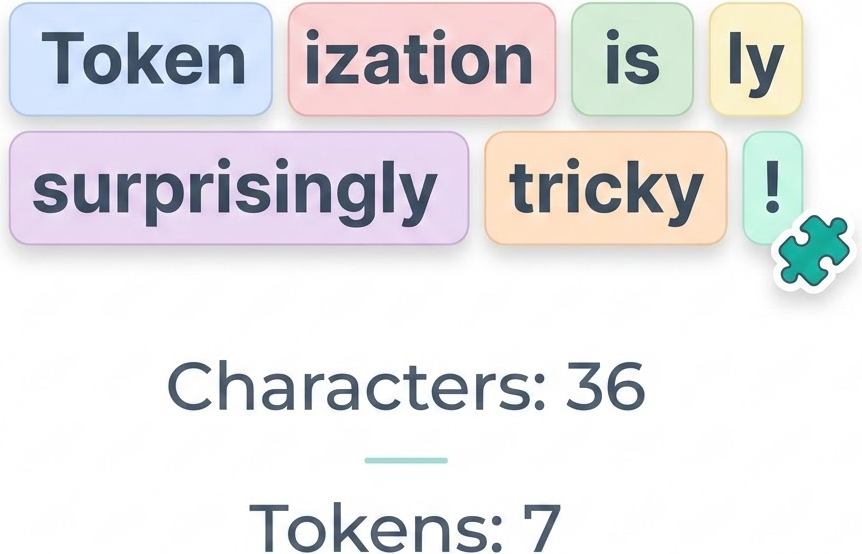 One short sentence shown as seven coloured chunks, with thirty-six characters counted against seven tokens.